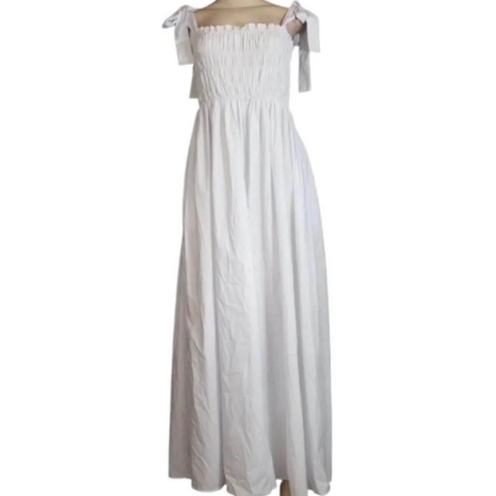 White Smocked Shoulder Tie Maxi Dress